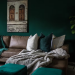 Living room with dark green walls