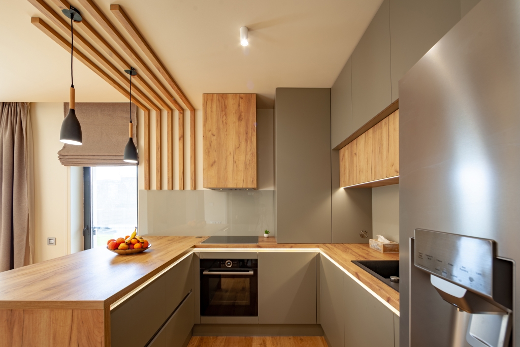 minimalist kitchen with butcher block counter tops