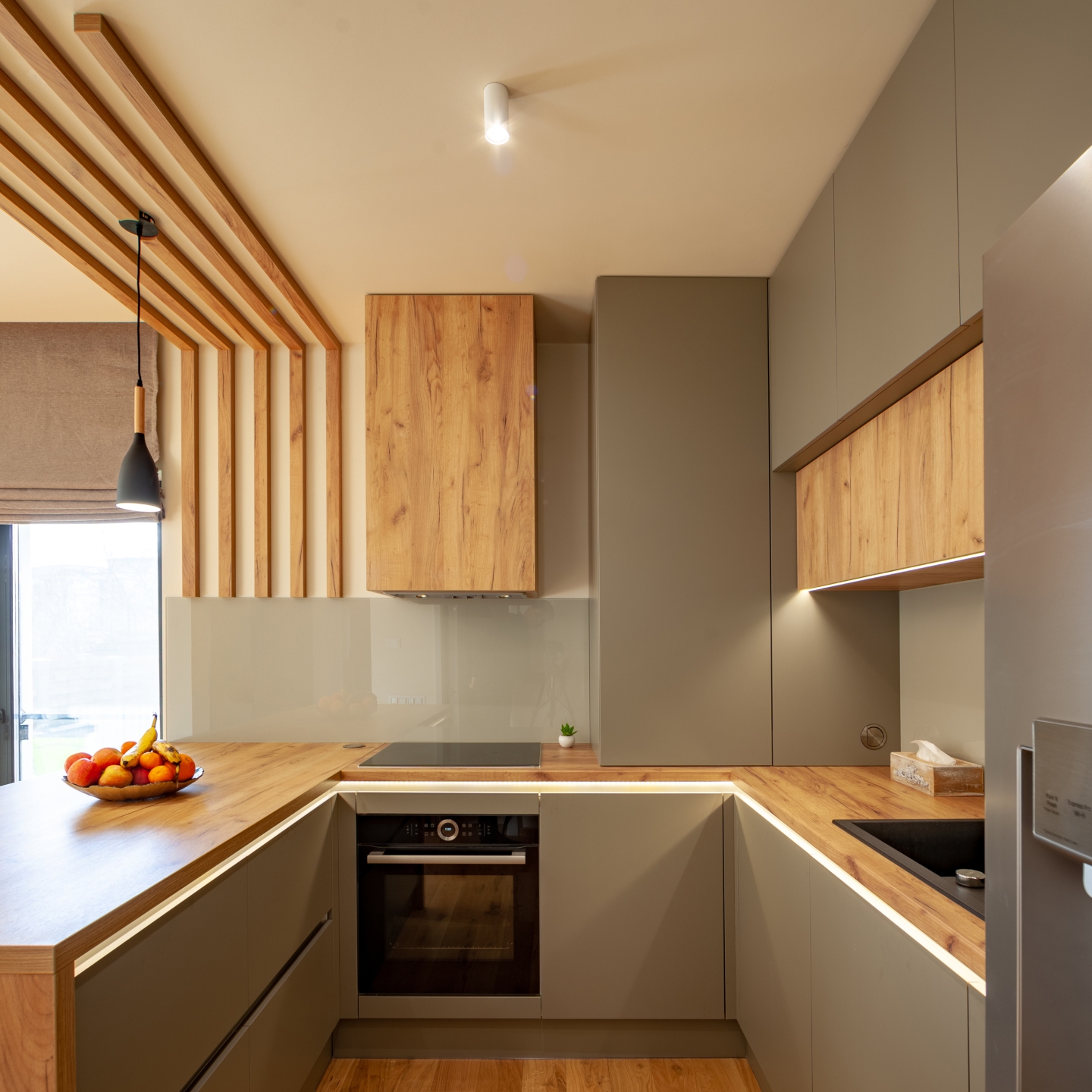 minimalist kitchen with butcher block counter tops