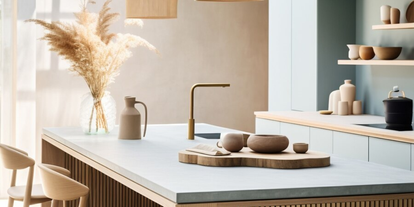 kitchen island with a modern faucet