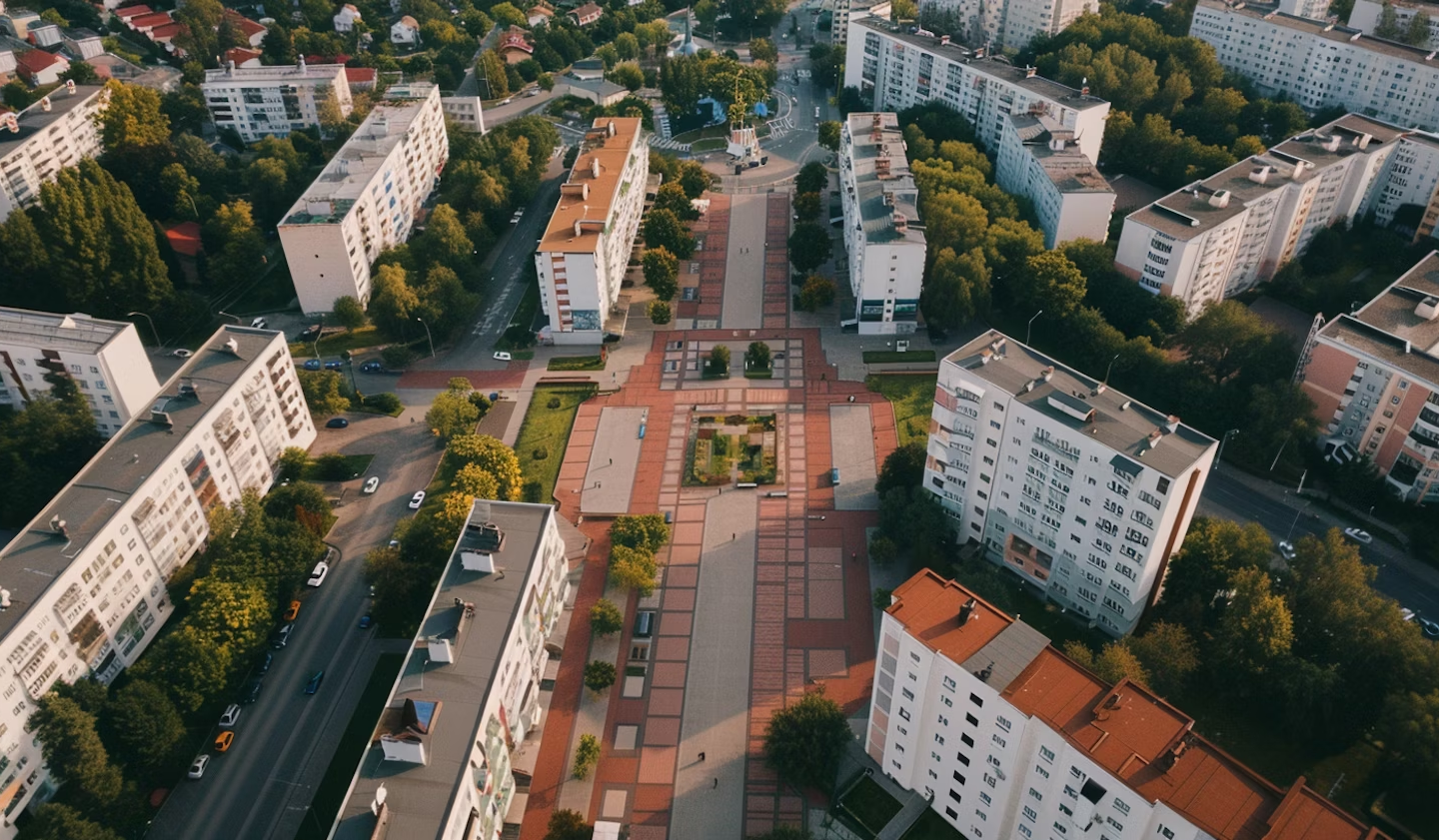 Areal view of a central square in a high rise community